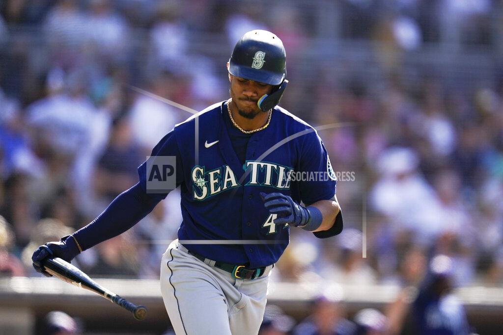 Gregory Bull Seattle Mariners' Julio Rodriguez reacts after hitting a two-run home run during the fourth inning of a baseball game against the San Diego Padres, Monday, July 4, 2022, in San Diego. (AP Photo/Gregory Bull)