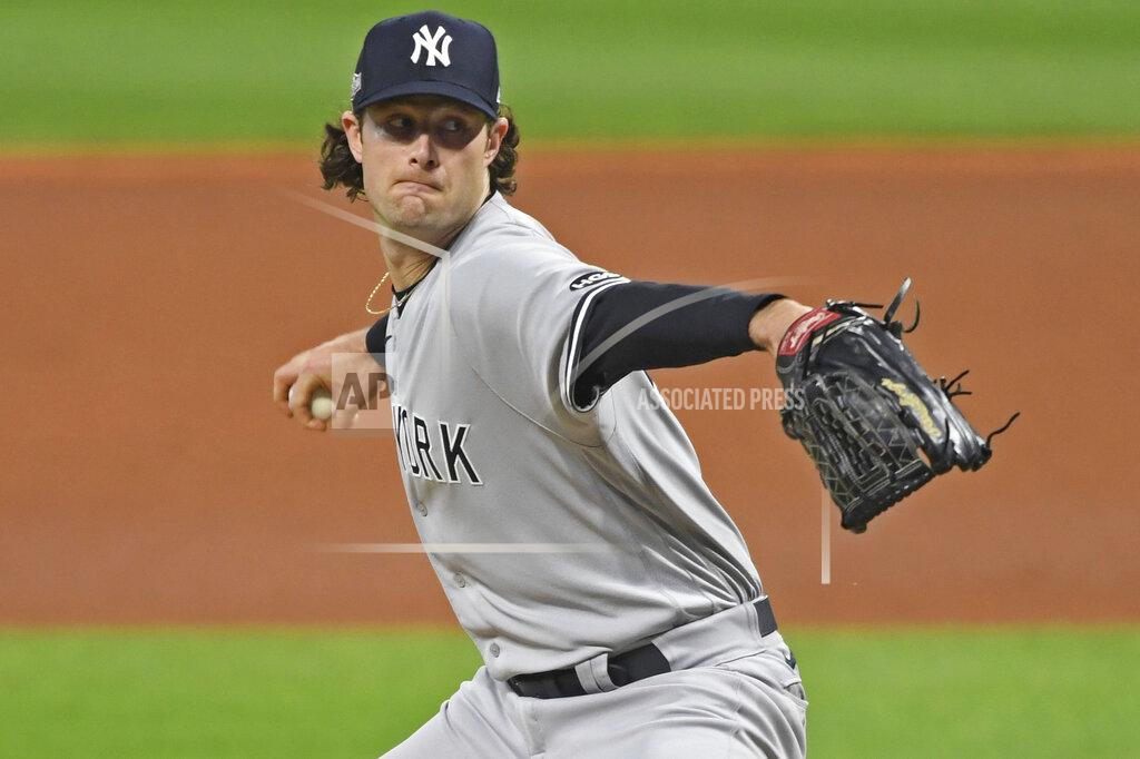 David Dermer New York Yankees starting pitcher Gerrit Cole (45) in the first inning of Game 1 of an American League wild-card baseball series against the Cleveland Indians, Tuesday, Sept. 29, 2020, in Cleveland. (AP Photo/David Dermer)