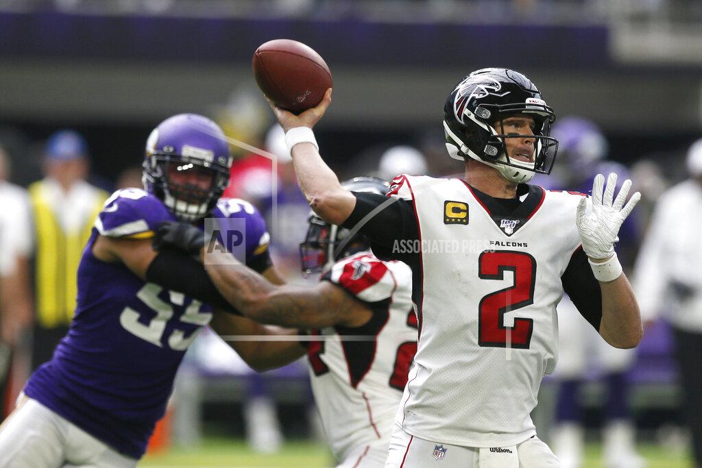 Jim Mone Atlanta Falcons quarterback Matt Ryan throws a pass during the second half of an NFL football game against the Minnesota Vikings, Sunday, Sept. 8, 2019, in Minneapolis. (AP Photo/Jim Mone)