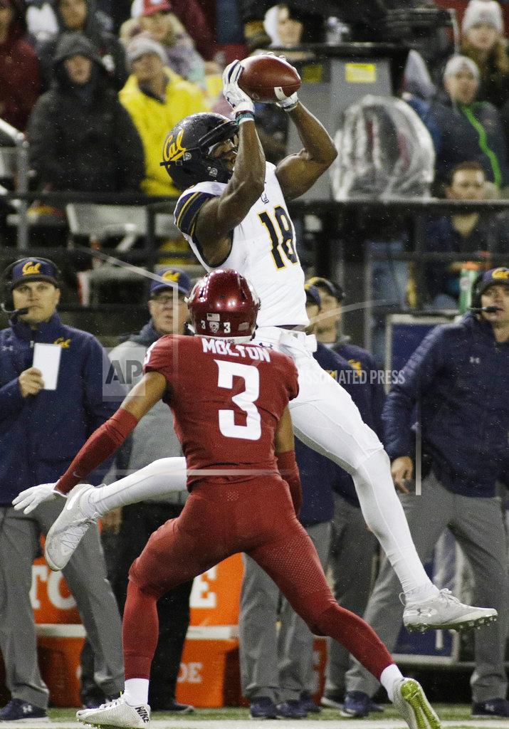 Young Kwak California wide receiver Maurice Ways (18) catches a pass in front of Washington State cornerback Darrien Molton (3) during the second half of an NCAA college football game in Pullman, Wash., Saturday, Nov. 3, 2018. Washington State won 19-13. (AP Photo/Young Kwak)