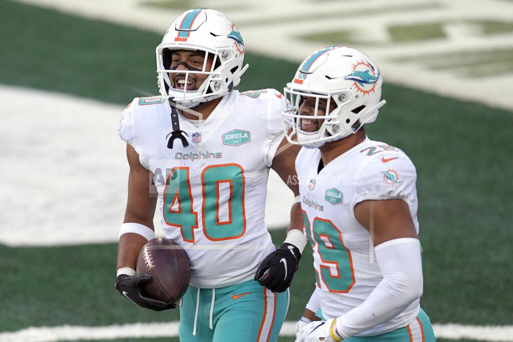 Bill Kostroun Miami Dolphins' Nik Needham, left, celebrates his interception with Brandon Jones during the second half of an NFL football game against the New York Jets, Sunday, Nov. 29, 2020, in East Rutherford, N.J. (AP Photo/Bill Kostroun)