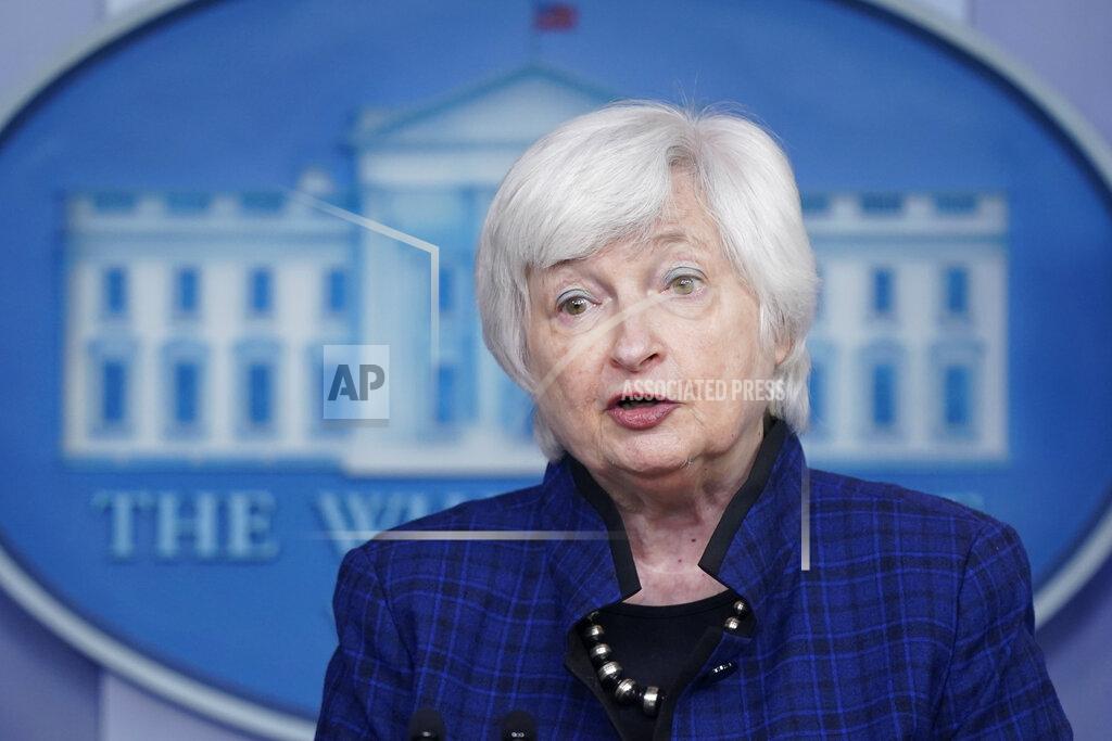 FILE - In this May 7, 2021 file photo, Treasury Secretary Janet Yellen speaks during a press briefing at the White House in Washington. The U.S. budget deficit surged to a record of $1.9 trillion for the first seven months of this budget year, bloated by the billions of dollars being spent in coronavirus relief packages. In its monthly budget report, the Treasury Department said Wednesday, May 12 that the shortfall so far this year is 30.3% higher than the $1.48 trillion deficit run up over the same period a year ago.(AP Photo/Patrick Semansky)