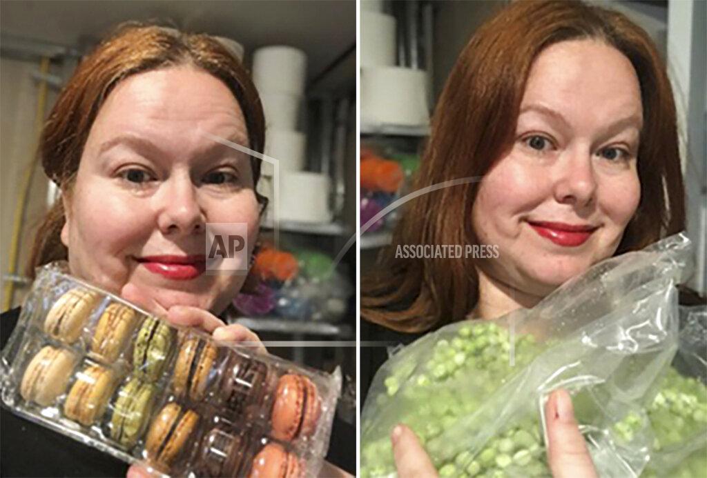 Jennifer Salgado This combination photo shows Jennifer Salgado, 42, of Bloomfield, N.J., with a pack of macarons, left, and a bag of peas she ordered during coronavirus lockdown. Millions of people have helped online retail sales surge as consumer spending fell off rapidly when businesses shut down. Salgado snapped up 96 macarons from a bulk-buying store, along with 24 pounds of frozen peas. (Jennifer Salgado via AP)