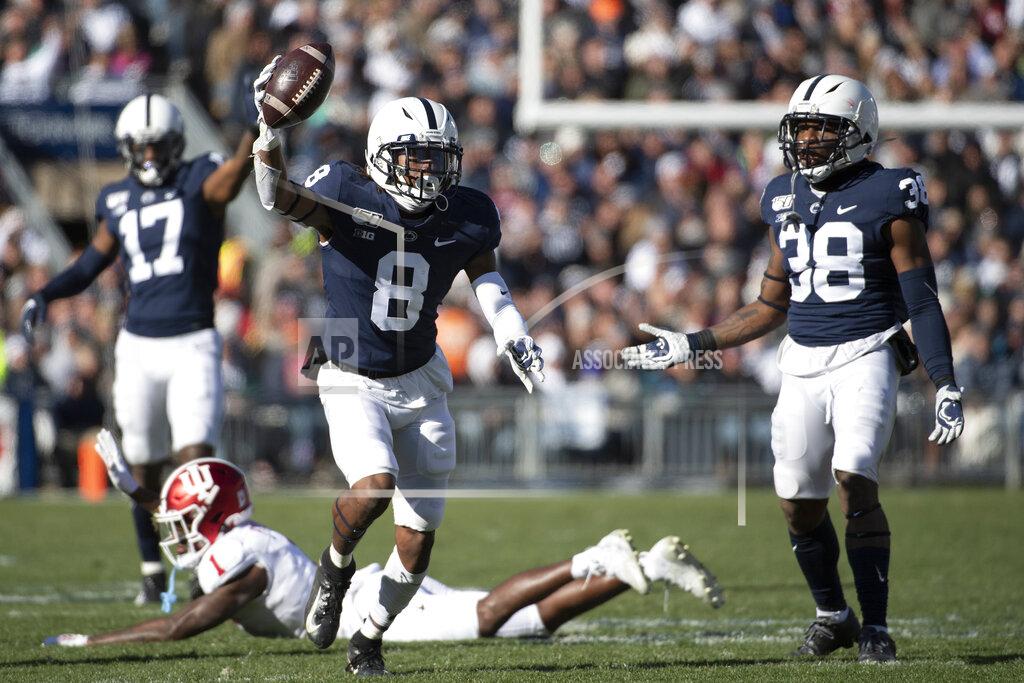 Barry Reeger Penn State cornerback Marquis Wilson (8) celebrates after recovering a fumble by Indiana wide receiver Whop Philyor (1) in the second quarter of an NCAA college football game in State College, Pa., on Saturday, Nov.16, 2019. (AP Photo/Barry Reeger)