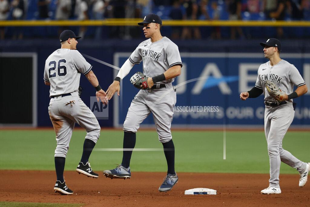 Scott Audette New York Yankees right fielder Aaron Judge, center, celebrates with second baseman DJ LeMahieu after the Yankees defeated the Tampa Bay Rays in a baseball game Wednesday, June 22, 2022, in St. Petersburg, Fla. (AP Photo/Scott Audette)