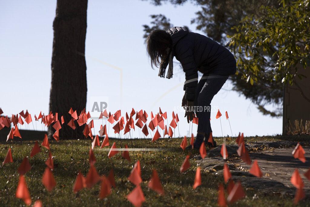 Otto Kitsinger CORRECTS SPELLING OF LAST NAME ON FIRST REFERENCE - Cindy Pollock does maintenance on the construction flags in her front yard in Boise, Idaho, on Wednesday, Feb. 10, 2021. Pollock began planting the tiny flags across her yard — one for each of the more than 1,800 Idahoans killed by COVID-19 — the toll was mostly a number. Until two women she had never met rang her doorbell in tears, seeking a place to mourn the husband and father they had just lost. (AP Photo/Otto Kitsinger)