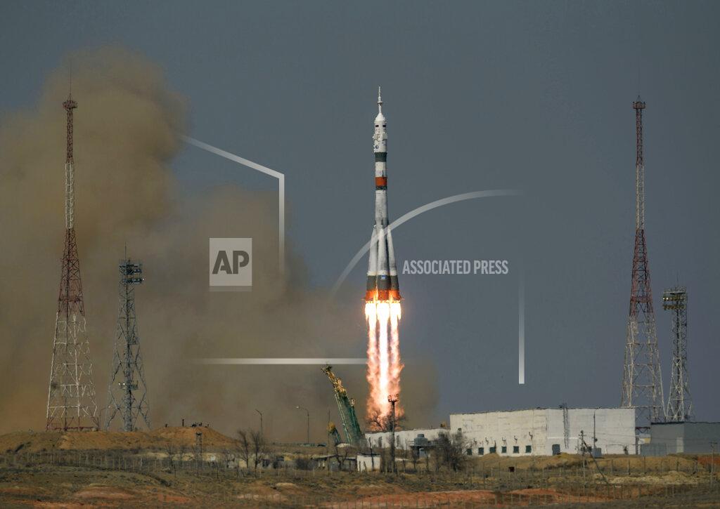 Bill Ingalls In this image provided by NASA, the Soyuz MS-18 rocket is launched with NASA astronaut Mark Vande Hei, Roscosmos cosmonauts Pyotr Dubrov and Oleg Novitskiy, Friday, April 9, 2021, at the Baikonur Cosmodrome in Kazakhstan. The Russian-U.S. trio of space travelers launched successfully Friday, heading for the International Space Station.(Bill Ingalls/NASA via AP)