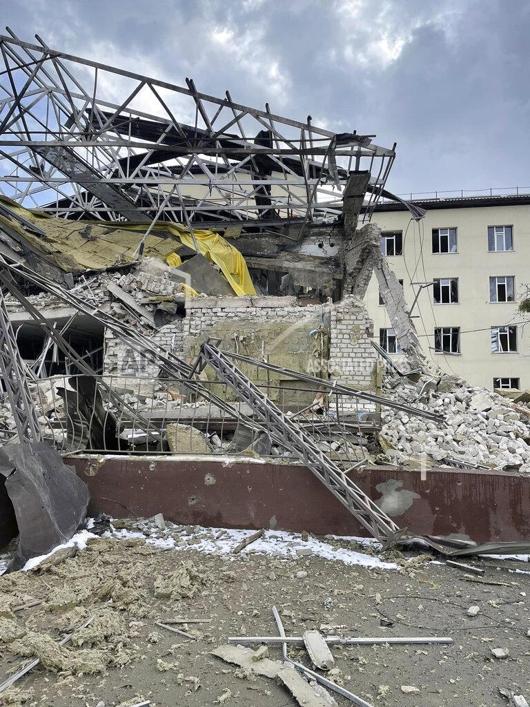 Volodymyr Matsokin This photo provided by Volodymyr Matsokin shows damage to the hospital in Izyum, Ukraine, on March 8, 2022. (Volodymyr Matsokin via AP)
