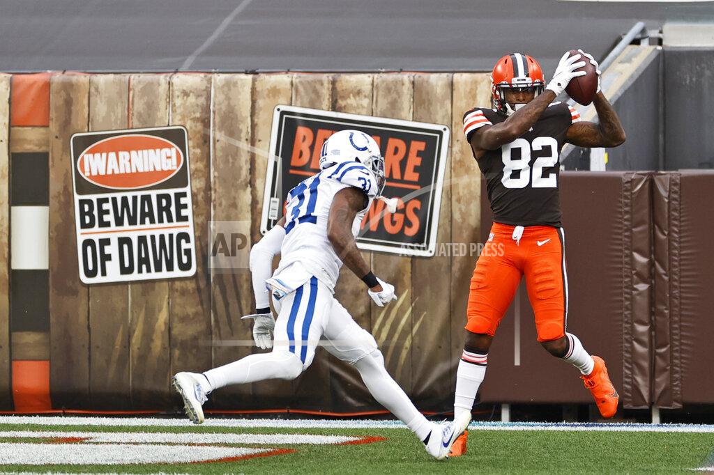 Ron Schwane Cleveland Browns wide receiver Rashard Higgins catches a 15-yard touchdown pass during the first half of an NFL football game against the Indianapolis Colts, Sunday, Oct. 11, 2020, in Cleveland. (AP Photo/Ron Schwane)