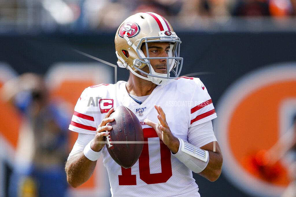 Gary Landers San Francisco 49ers quarterback Jimmy Garoppolo looks to pass during the first half an NFL football game against the Cincinnati Bengals, Sunday, Sept. 15, 2019, in Cincinnati. (AP Photo/Gary Landers)
