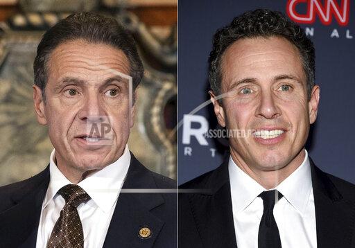 FILE - New York Gov. Andrew M. Cuomo appears during a news conference about COVID-19 at the State Capitol in Albany, N.Y., on Dec. 3, 2020, left, and CNN anchor Chris Cuomo attends the 12th annual CNN Heroes: An All-Star Tribute at the American Museum of Natural History in New York on Dec. 9, 2018. Transcripts released Monday, Nov. 29, 2021, shed new light on CNN anchor Chris Cuomo's behind-the-scenes role advising his brother, former New York Gov. Andrew Cuomo, in the face of sexual harassment allegations that forced him from office. (Mike Groll/Office of Governor of Andrew M. Cuomo via AP, left, and Evan Agostini/Invision/AP, File)