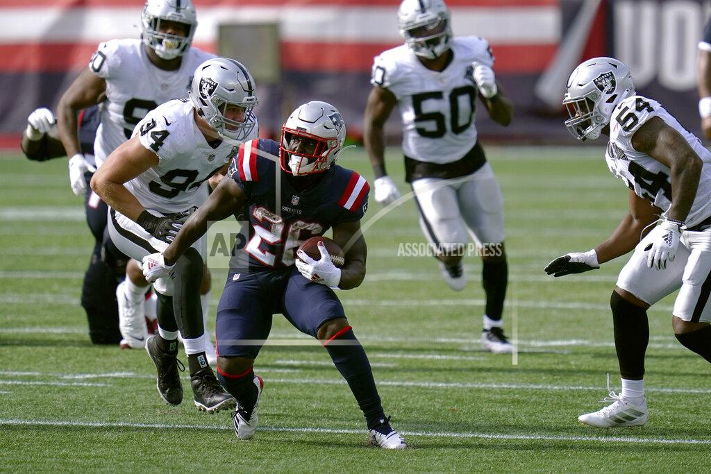 Charles Krupa New England Patriots running back Sony Michel (26) runs against the Las Vegas Raiders in the second half of an NFL football game, Sunday, Sept. 27, 2020, in Foxborough, Mass. (AP Photo/Charles Krupa)
