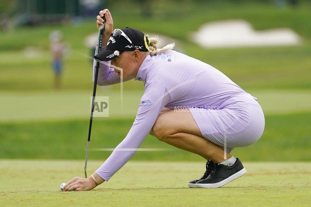 John Minchillo Madelene Sagstrom, of Sweden, lines up a putt on the first green during the third round of the LPGA Cognizant Founders Cup golf tournament, Saturday, May 14, 2022, at the Upper Montclair Country Club in Clifton, N.J. (AP Photo/John Minchillo)