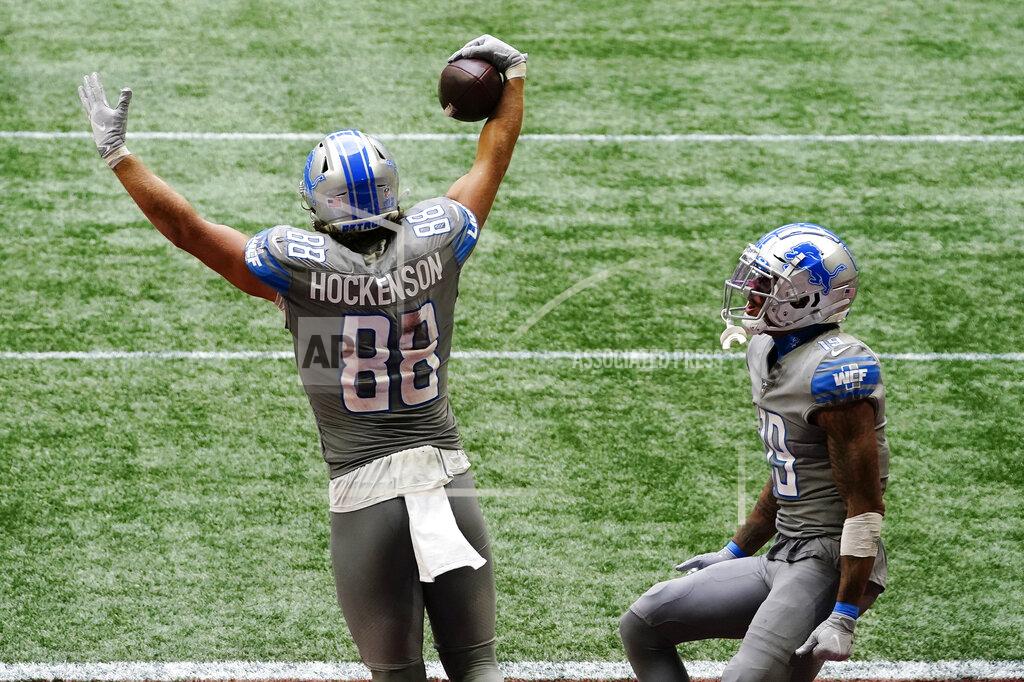 Brynn Anderson Detroit Lions tight end T.J. Hockenson (88) celebrates his touchdown against the Atlanta Falcons during the second half of an NFL football game, Sunday, Oct. 25, 2020, in Atlanta. The Detroit Lions won 23-22. (AP Photo/Brynn Anderson)