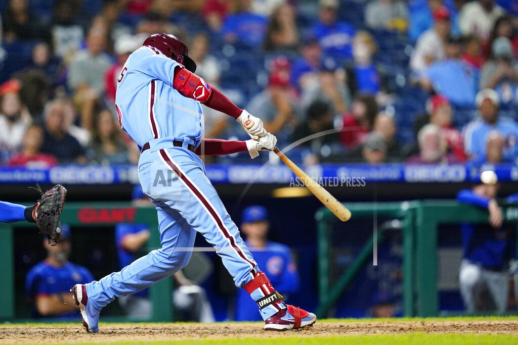 Matt Slocum Philadelphia Phillies' Didi Gregorius hits a two-run single against Chicago Cubs pitcher Manuel Rodriguez during the sixth inning of a baseball game, Thursday, Sept. 16, 2021, in Philadelphia. (AP Photo/Matt Slocum)