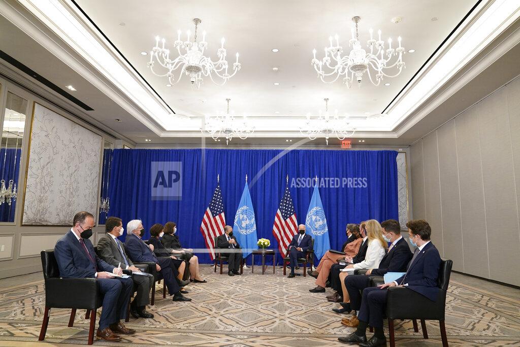 Evan Vucci President Joe Biden meets with United Nations Secretary General Antonio Guterres at the Intercontinental Barclay Hotel during the United Nations General Assembly, Monday, Sept. 20, 2021, in New York. (AP Photo/Evan Vucci)