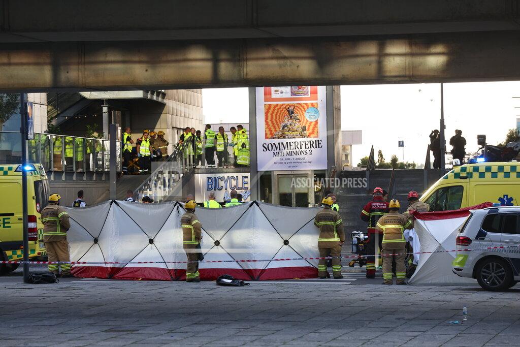 Olafur Steinar Gestsson Emergency service at the Field's shopping center after a shooting, in Copenhagen, Denmark, Sunday July 3, 2022. Danish police say several people have been shot at a Copenhagen shopping mall. Copenhagen police said that one person has been arrested in connection with the shooting at the Field’s shopping mall on Sunday. Police tweeted that “several people have been hit” but gave no other details. (Olafur Steinar Gestsson/Ritzau Scanpix via AP)