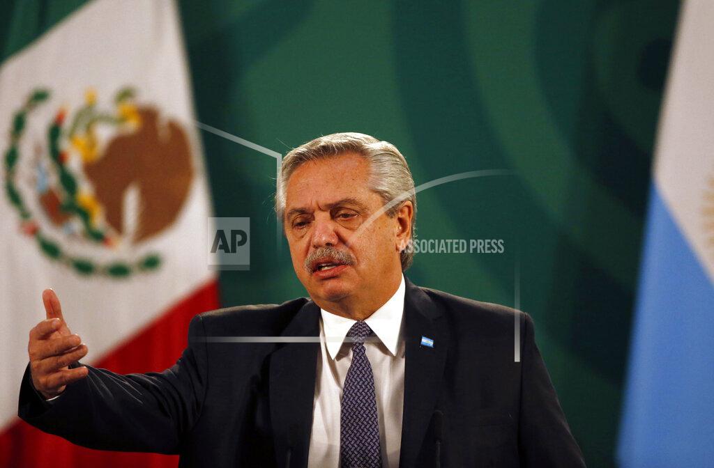 Marco Ugarte Argentina's President Alberto Fernández speaks during Mexican President Andrés Manuel López Obrador's daily, morning press conference at the National Palace in Mexico City, Tuesday, Feb. 23, 2021. Fernández is on a four-day official visit to Mexico. (AP Photo/Marco Ugarte)