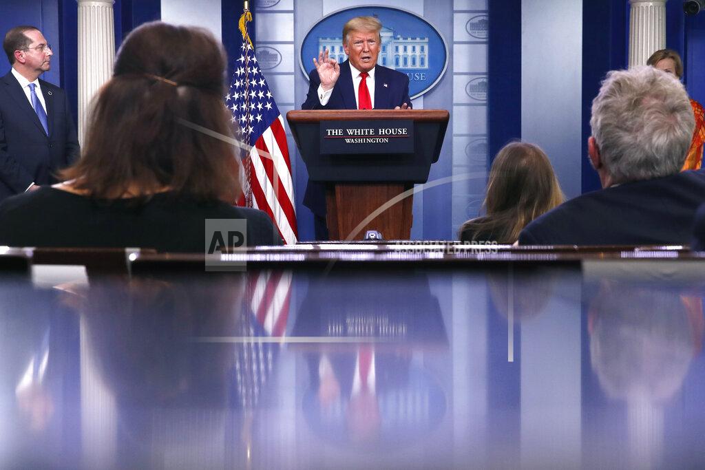 President Donald Trump speaks about the coronavirus in the James Brady Press Briefing Room of the White House, Friday, April 3, 2020, in Washington. (AP Photo/Alex Brandon)