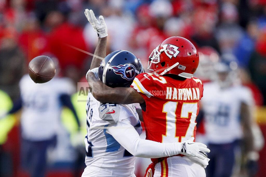 Charlie Neibergall Tennessee Titans' Tramaine Brock is called for pass interference on a pass intended for Kansas City Chiefs' Mecole Hardman (17) during the second half of the NFL AFC Championship football game Sunday, Jan. 19, 2020, in Kansas City, MO. (AP Photo/Charlie Neibergall)