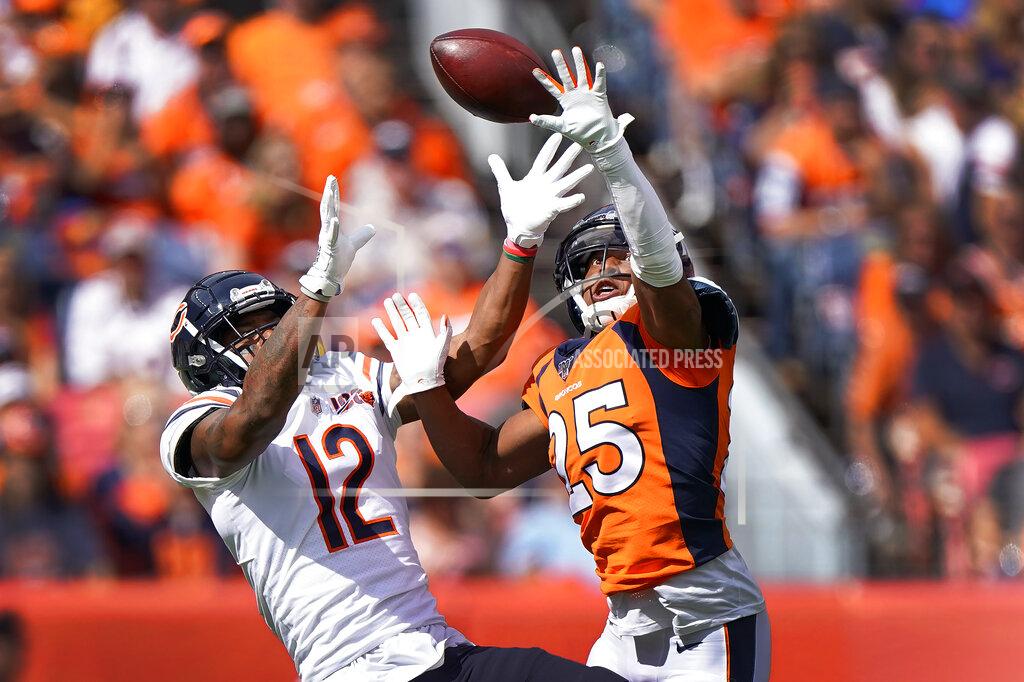 Jack Dempsey Denver Broncos cornerback Chris Harris (25) breaks up a pass intended for Chicago Bears wide receiver Allen Robinson (12) during the first half of an NFL football game, Sunday, Sept. 15, 2019, in Denver. (AP Photo/Jack Dempsey)