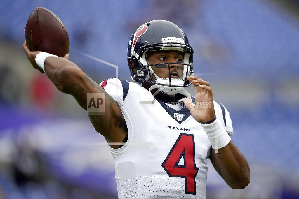 Gail Burton Houston Texans quarterback Deshaun Watson works out prior to an NFL football game against the Baltimore Ravens, Sunday, Nov. 17, 2019, in Baltimore. (AP Photo/Gail Burton)