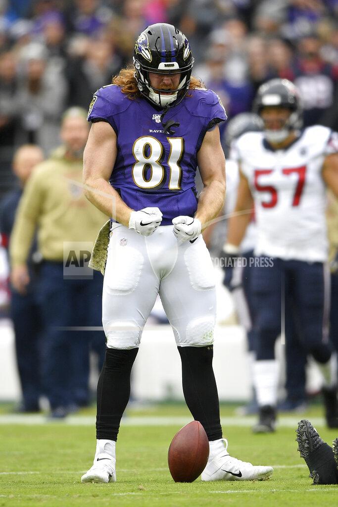 Nick Wass Baltimore Ravens tight end Hayden Hurst reacts after making a catch against the Houston Texans during the first half of an NFL football game, Sunday, Nov. 17, 2019, in Baltimore. (AP Photo/Nick Wass)