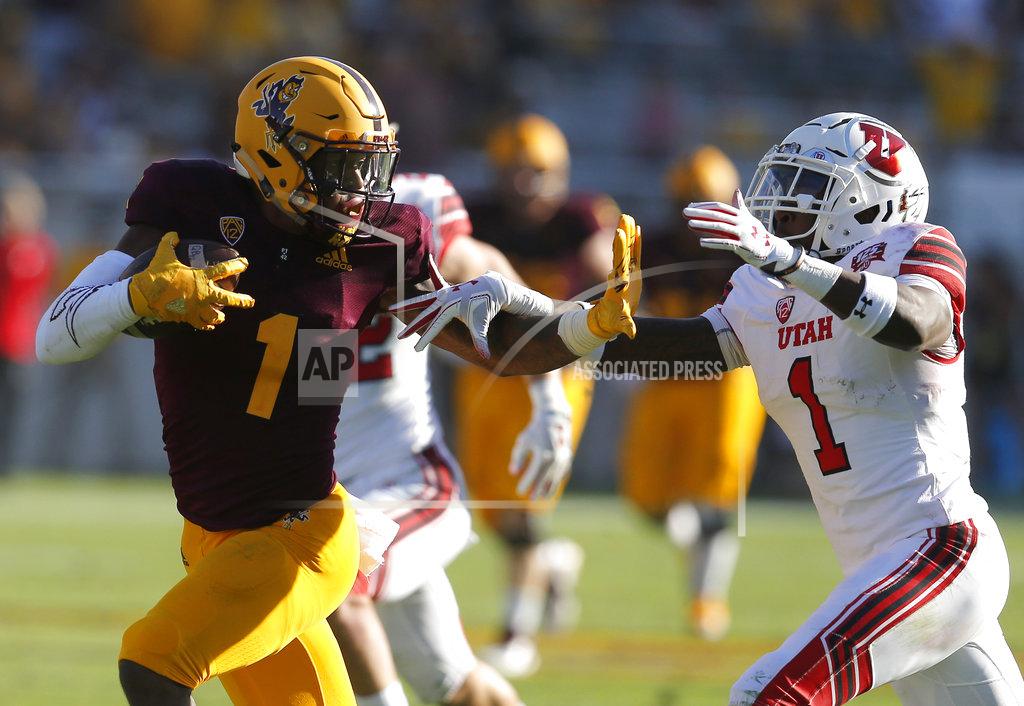 Rick Scuteri FILE - In this Saturday, Nov. 3, 2018, file photo, Arizona State wide receiver N'Keal Harry (1) fends off Utah defensive back Jaylon Johnson in the second half of an NCAA college football game in Tempe, Ariz. Harry broke out with his best game of the season last week in a huge victory for the Sun Devils against Utah. (AP Photo/Rick Scuteri, File)