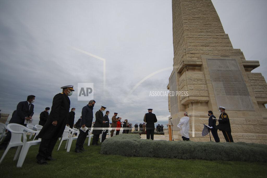 Emrah Gurel Dignitaries and military attend a ceremony attended by foreign dignitaries from Australia, New Zealand, UK and Ireland to commemorate soldiers who died during the World War I campaign on the Gallipoli peninsula, in Canakkale, Turkey, Saturday, April 24, 2021, a day ahead of the 106th anniversary of the Gallipoli Campaign. The Gallipoli Campaign of 1915 by Allied forces aimed to take control of the peninsula to weaken the Ottoman Empire. The campaign failed and Allied forces withdrew after eight months of fighting on the ground and some 250,000 casualties on both sides. The memorials were kept small due to the COVID-19 pandemic.(AP Photo/Emrah Gurel)