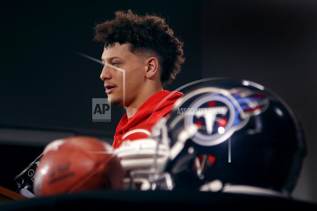 Kansas City Chiefs quarterback Patrick Mahomes addresses the media during a news conference for Sunday's NFL AFC championship football game at Arrowhead Stadium in Kansas City, Mo., Thursday, Jan. 16, 2020. The Chiefs will face the Tennessee Titans for the opportunity to advance to the Super Bowl. (AP Photo/Charlie Riedel)
