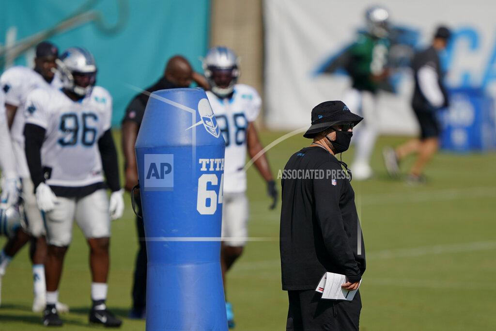 Chris Carlson Carolina Panthers head coach Matt Rhule watches during an NFL football camp practice Monday, Aug. 17, 2020, in Charlotte, N.C. (AP Photo/Chris Carlson)