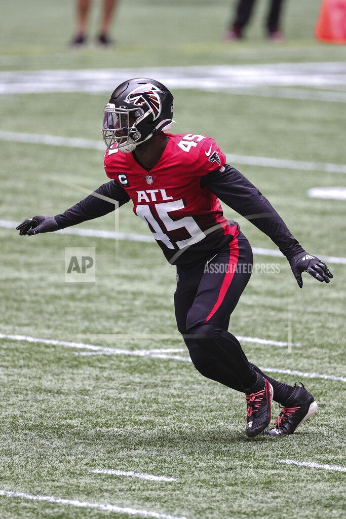 Margaret Bowles Atlanta Falcons linebacker Deion Jones (45) takes a defensive position during an NFL game against the Detroit Lions, Sunday, Oct. 25, 2020 in Atlanta. The Lions defeated the Falcons 23-22. (Margaret Bowles via AP)