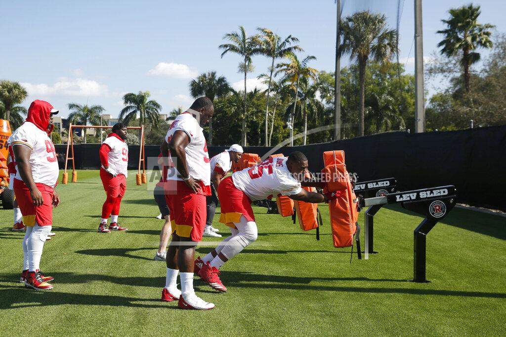 Kansas City Chiefs defensive end Chris Jones (95) runs drills during practice on Wednesday, Jan. 29, 2020, in Davie, Fla., for the NFL Super Bowl 54 football game. (AP Photo/Brynn Anderson)