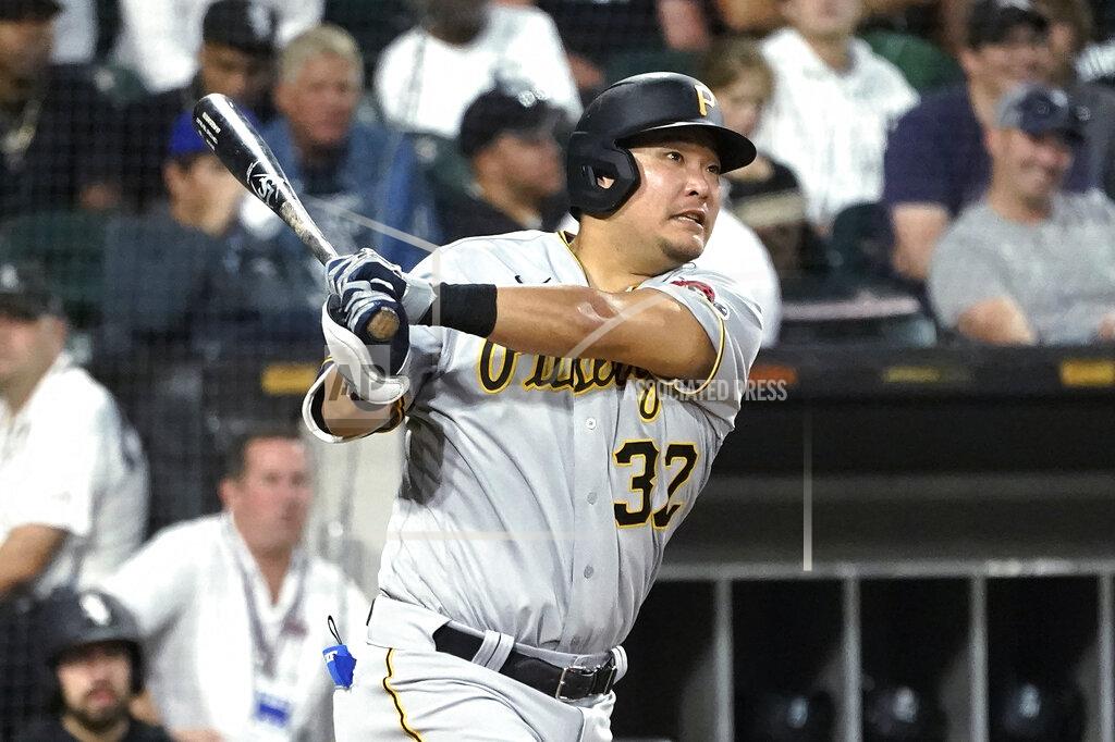 Charles Rex Arbogast Pittsburgh Pirates' Yoshi Tsutsugo watches his double off Chicago White Sox starting pitcher Carlos Rodon during the second inning of a baseball game Wednesday, Sept. 1, 2021, in Chicago. (AP Photo/Charles Rex Arbogast)