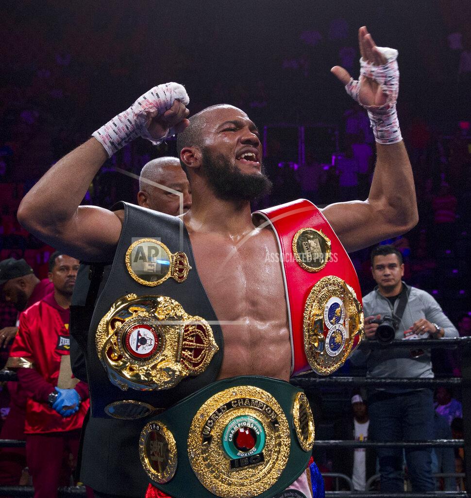 Jose Luis Magana Julian Williams celebrates after defeating Jarrett Hurd for the IBF, WBA and IBO super welterweight boxing titles in Fairfax, Va., Saturday, May 11, 2019. Williams won by unanimous decision. (AP Photo/Jose Luis Magana)