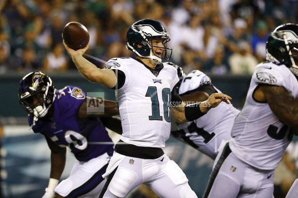 Michael Perez Philadelphia Eagles' Josh McCown passes during the first half of a preseason NFL football game against the Baltimore Ravens, Thursday, Aug. 22, 2019, in Philadelphia. (AP Photo/Michael Perez)