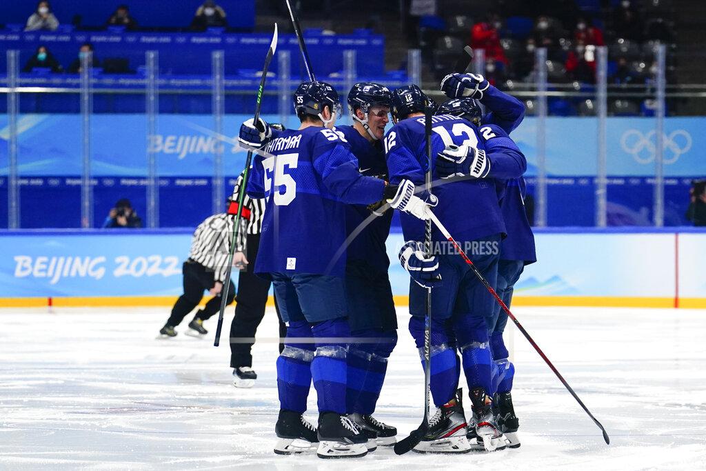 Matt Slocum Finland players celebrate a goal against Russian Olympic Committee during the men's gold medal hockey game at the 2022 Winter Olympics, Sunday, Feb. 20, 2022, in Beijing. (AP Photo/Matt Slocum)