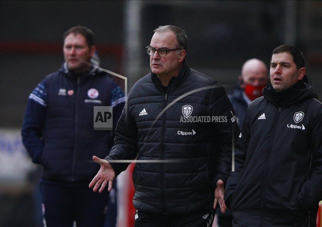Ian Walton Leeds United's head coach Marcelo Bielsa reacts during the English FA Cup third round soccer match between Crawley Town and Leeds United at Broadfield Stadium in Crawley, England, Sunday, Jan. 10, 2021. (AP Photo/Ian Walton)
