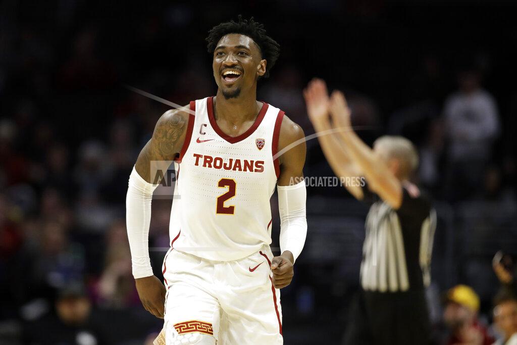 Marcio Jose Sanchez Southern California guard Jonah Mathews (2) smiles after making a three-point basket against LSU during the second half of an NCAA college basketball game Saturday, Dec. 21, 2019, in Los Angeles. (AP Photo/Marcio Jose Sanchez)