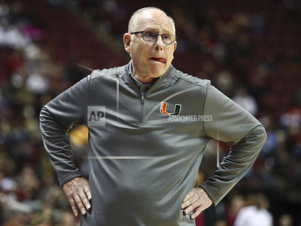 Phil Sears Miami head coach Jim Larranaga reacts in the second half of an NCAA college basketball game against Florida State in Tallahassee, Fla., Tuesday, Jan. 24, 2023. (AP Photo/Phil Sears)