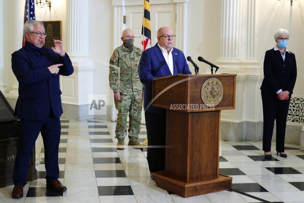Brian Witte Maryland Gov. Larry Hogan announces actions to address outbreaks of the coronavirus at poultry processing plants during a news conference on Wednesday, April 29, 2020 in Annapolis, Md. (AP Photo/Brian Witte)