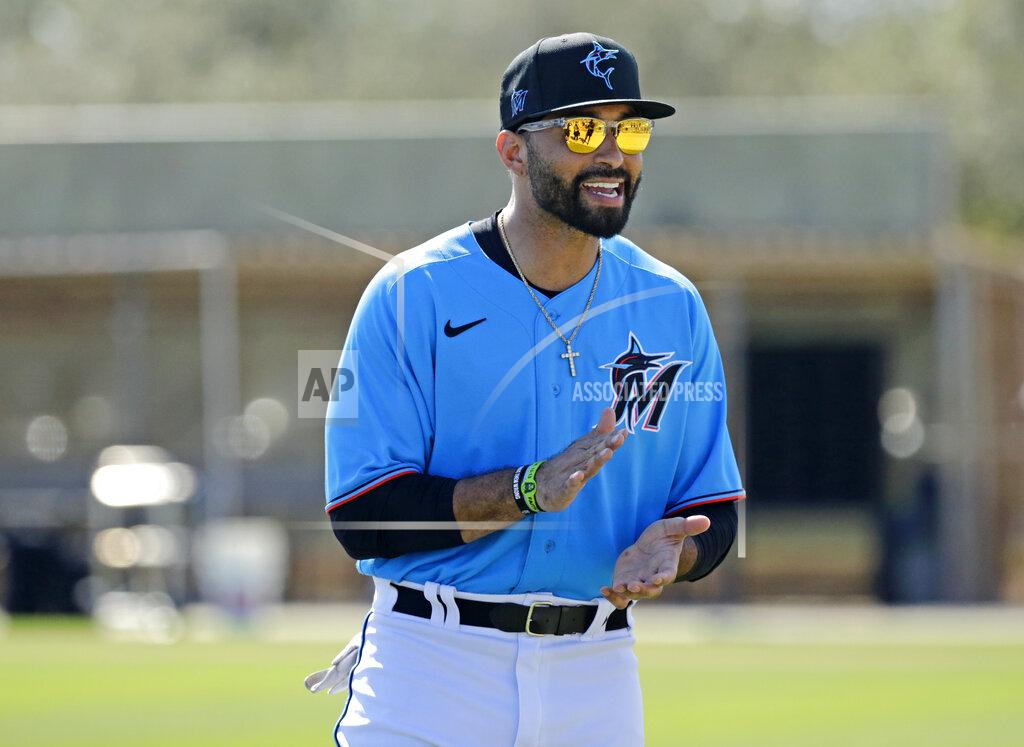 David Santiago Miami Marlins outfielder Matt Kemp (27) looks on during spring training baseball practice in Jupiter, Fla., Monday, Feb. 17, 2020. (David Santiago/Miami Herald via AP)