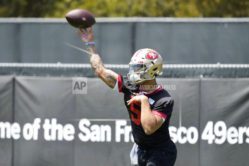 Tony Avelar San Francisco 49ers first-round draft pick quarterback Trey Lance throws during the NFL football team's rookie minicamp in Santa Clara, Calif., Friday, May 14, 2021. (AP Photo/Tony Avelar)