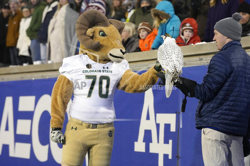 David Zalubowski Colorado State mascot Cam the ram greets one of the mascot falcons of Air Force in the first half of an NCAA college football game Saturday, Nov. 19, 2022, at Air Force Academy, Colo. (AP Photo/David Zalubowski)