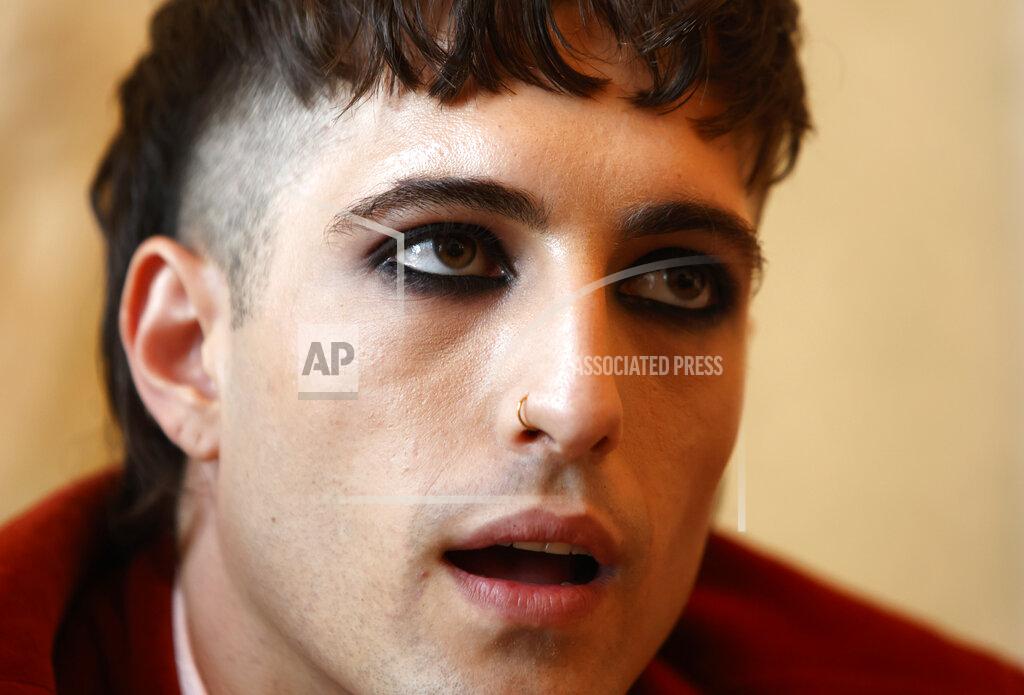 Riccardo De Luca Damiano David, frontman of Italian band Maneskin, winners of the Eurovision Song Contest in May, speaks during an interview with the Associated Press at a hotel in Rome, Tuesday, July 27, 2021. (AP Photo/Riccardo De Luca)