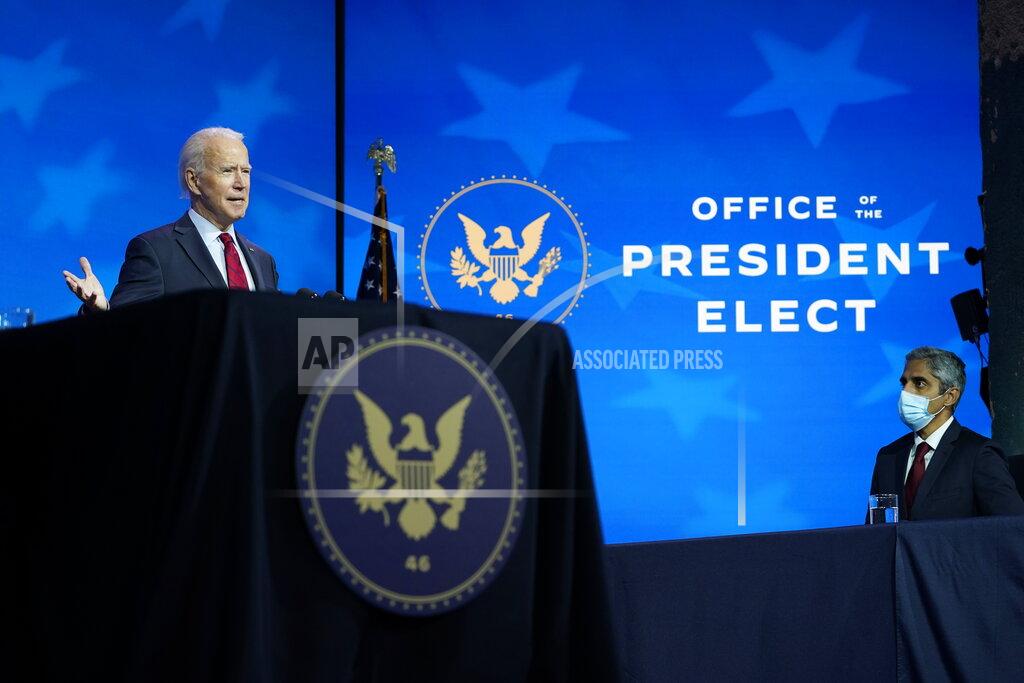 Susan Walsh President-elect Joe Biden speaks during an event at The Queen theater in Wilmington, Del., Tuesday, Dec. 8, 2020, to announce his health care team. Dr. Vivek Murthy has been nominated by Biden to serve US Surgeon General. (AP Photo/Susan Walsh)
