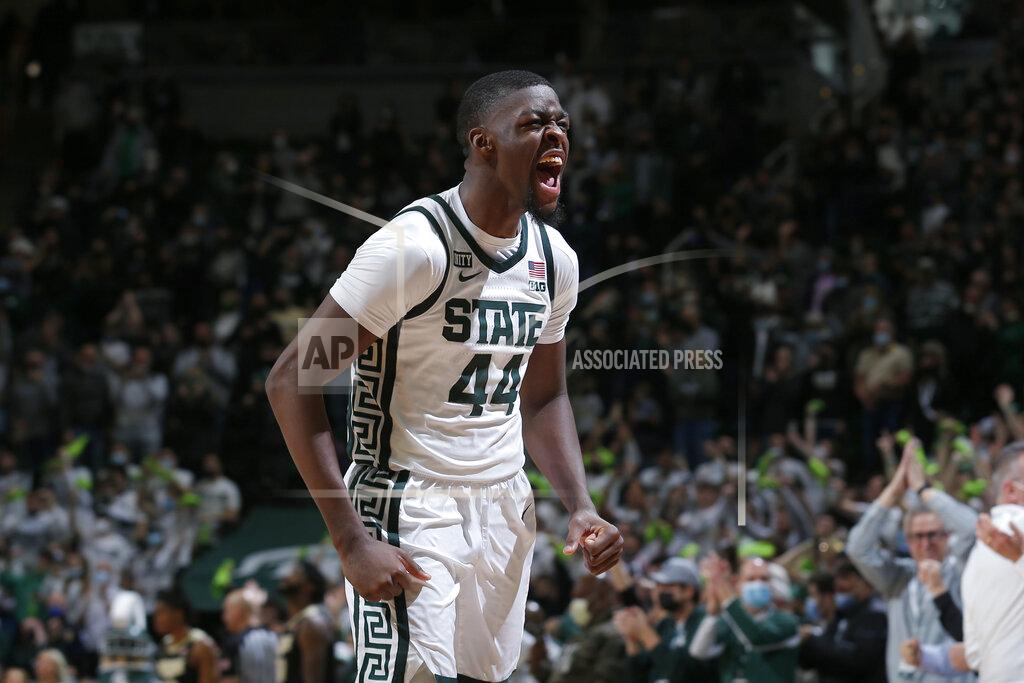 Al Goldis Michigan State's Gabe Brown celebrates following an NCAA college basketball game against Purdue, Saturday, Feb. 26, 2022, in East Lansing, Mich. Michigan State won 68-65. (AP Photo/Al Goldis)