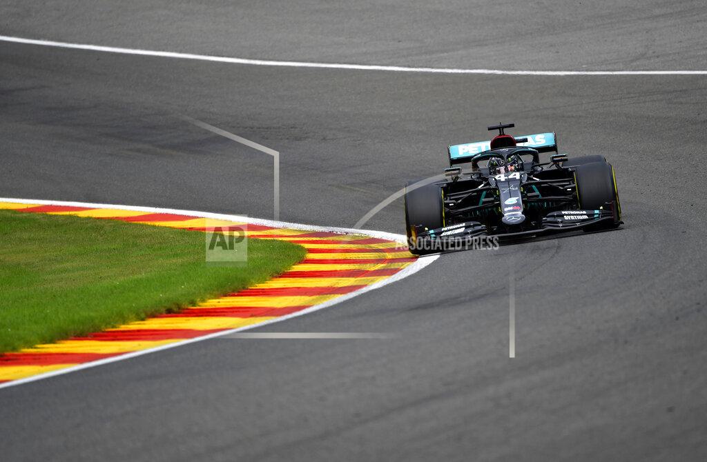 John Thys Mercedes driver Lewis Hamilton of Britain steers his car during the first practice session prior to the Formula One Grand Prix at the Spa-Francorchamps racetrack in Spa, Belgium Friday, Aug. 28, 2020. (John Thys, Pool via AP)