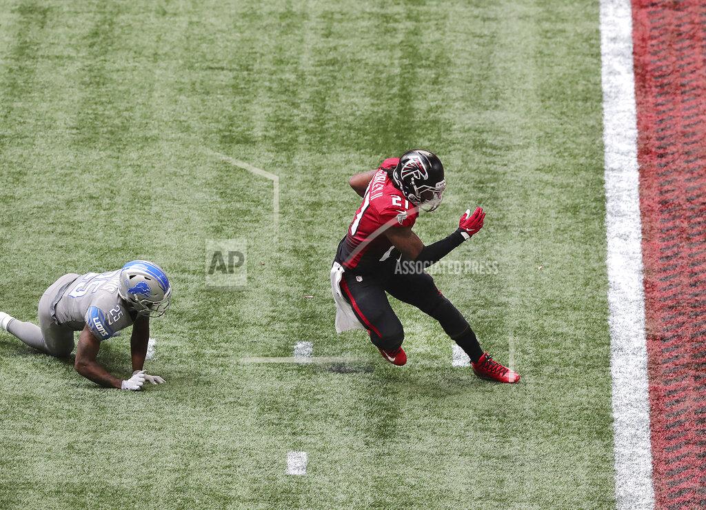 Curtis Compton Atlanta Falcons running back Todd Gurley gets past Detroit Lions safety Will Harris before trying to stop short of the end zone to control the final minutes of the clock in the fourth quarter of an NFL football game Sunday, Oct. 25, 2020, in Atlanta. (Curtis Compton/Atlanta Journal-Constitution via AP)
