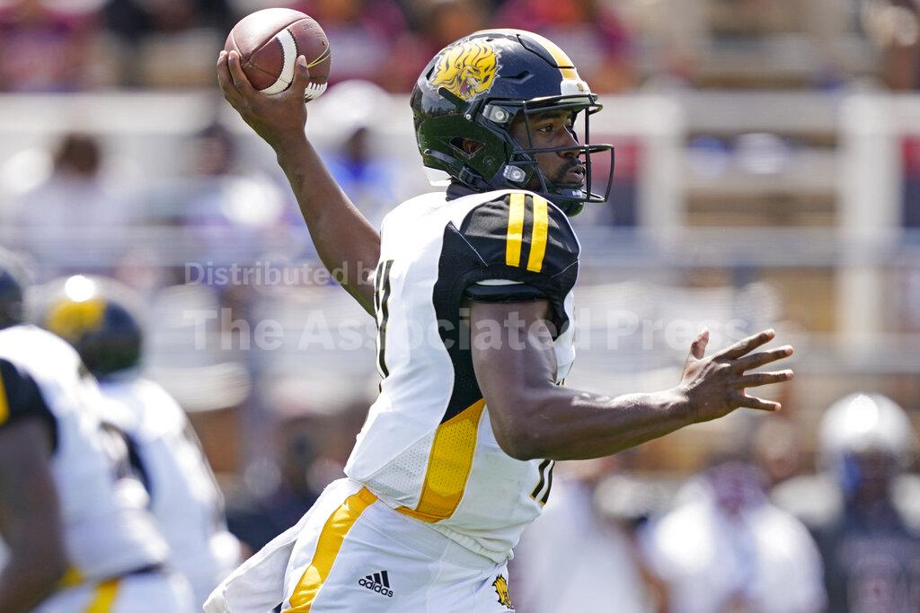 Arkansas-Pine Bluff quarterback Skyler Perry passes against Alabama A&M during the first half of the Southwestern Athletic Conference NCAA college football game, Saturday, May 1, 2021, in Jackson, Miss. (AP Photo/Rogelio V. Solis)